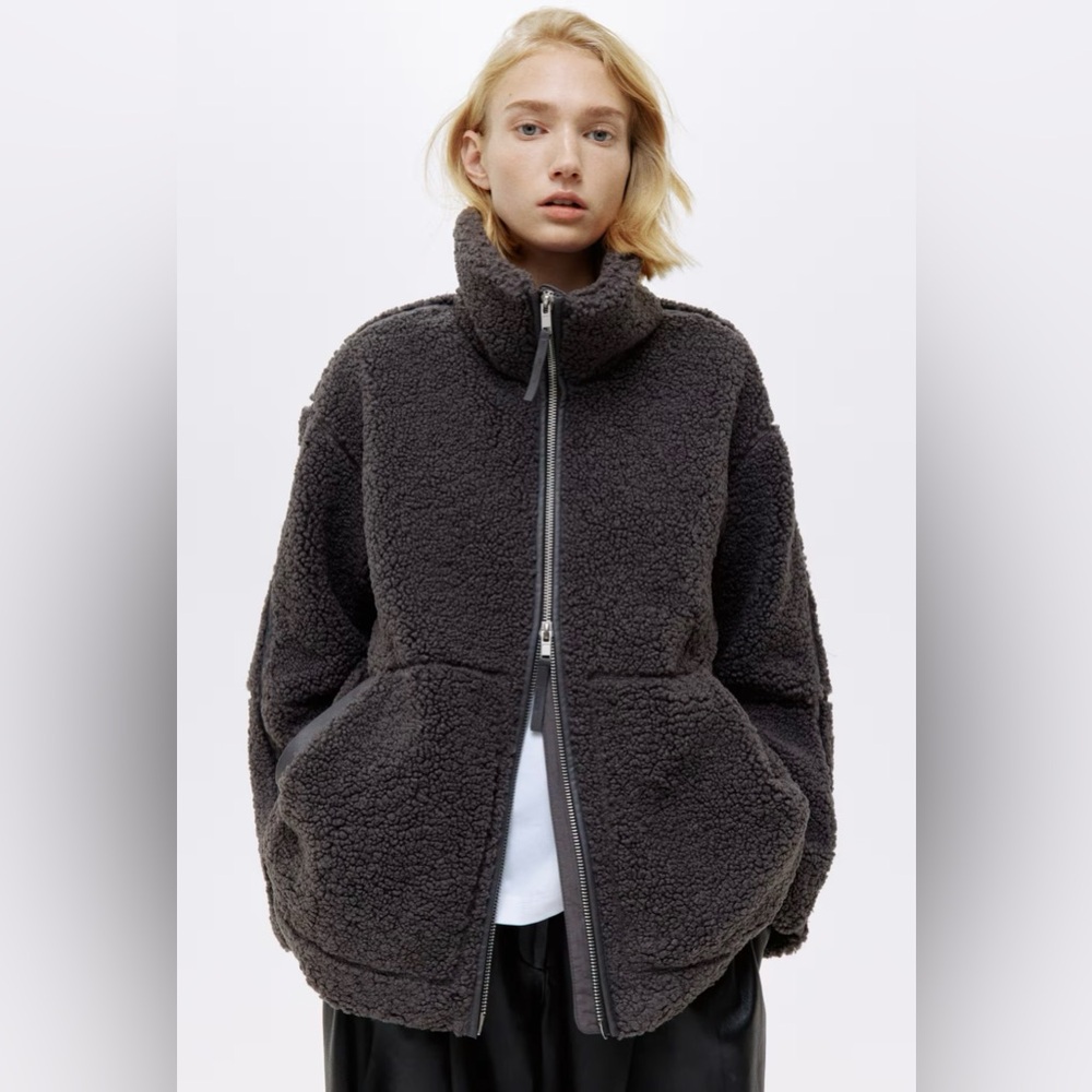 H&M Charcoal Loose-Fit Teddy Fleece Jacket